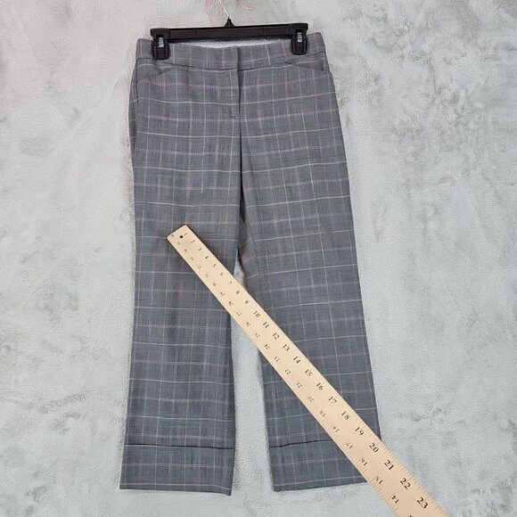 EXPRESS Editor Wool Pants Womens Size 0 Straight Crop Y2K Cuffed Gray Pink Plaid - Picture 6 of 15